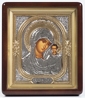 Икона в киоте 18х24 фигурный, темпера, риза объёмная, никель, золочение Казанская БМ