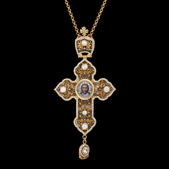 Крест наперсный №1524 / Фианиты / перламутр / золочение