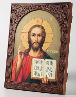 Икона на дереве 25х35 изображение арочное, ковчег с резным обрамлением, упаковка Спаситель 1