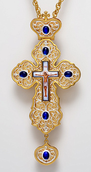 Крест наперсный филигрань №0022 двойной рант финифть / золочение, серебрение Крест наперсный филигрань №0022 двойной рант финифть / золочение, серебрение