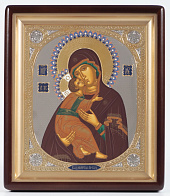Икона в киоте 24х30 фигурный, темпера, риза объемная, открытая, золочение, эмаль Владимирская БМ