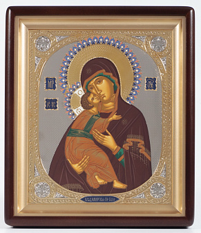 Икона в киоте 24х30 фигурный, темпера, риза объемная, открытая, золочение, эмаль Владимирская БМ