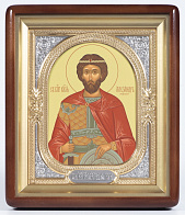 Икона в киоте 18х24 фигурный, темпера, риза-рамка объемная, открытая, золочёная, никелирование Александр Невский