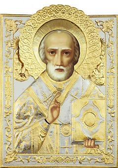 Икона живописная святителя Николая Чудотворца 50х60, масло, риза №148, золочение Икона живописная святителя Николая Чудотворца 50х60, масло, риза №148, золочение