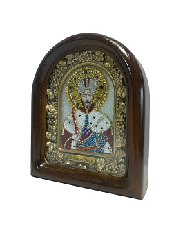 Икона из бисера Николай Второй в деревянном киоте со стеклом