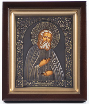 Икона в киоте 15х19 сложный, темпера, риза патинированая Серафим Саровский