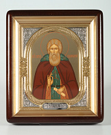 Икона в киоте 18х24 фигурный, темпера №8, риза-рамка объемная, открытая, золочёная, никелирование Сергий Радонежский