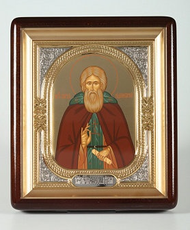 Икона в киоте 18х24 фигурный, темпера №8, риза-рамка объемная, открытая, золочёная, никелирование Сергий Радонежский