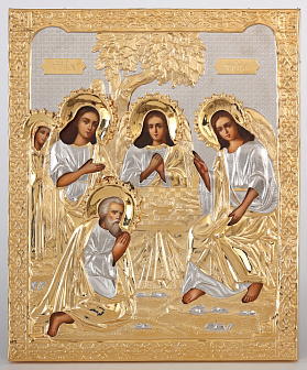 Икона живописная Святой Троицы 24х30 масло, риза №162, золочение