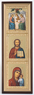 Икона в киоте 20х70 сложный, темпера, рамка золочёная Троица 1- Спаситель 1- Казанская БМ 1