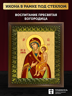 Икона Божией Матери Воспитание, деревянная рамка с басмой и стеклом 18х21х2,5 см 1171