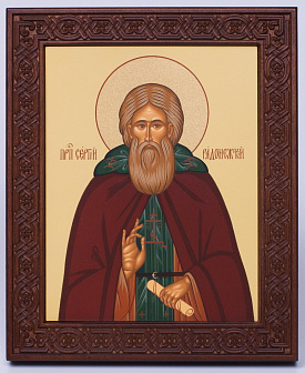 Икона на дереве 18х22 прокат, ковчег с резным обрамлением, упаковка Сергий Радонежский