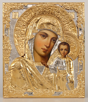 Икона фото в ризе 24х30, риза №17 золочение Казанская БМ