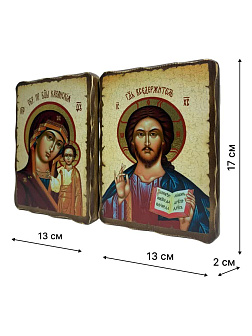Венчальные иконы Спаситель и Казанская со вставкой металл на дереве под старину Византикос 13х15
