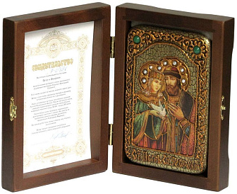 Настольная икона ''Петр и Февронья'' на мореном дубе