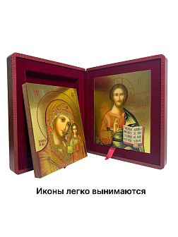 Венчальные иконы Спаситель и Казанская с золочением УЛ 13х16 в бархатном складне
