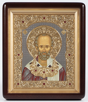 Икона в киоте 18х24 фигурный, темпера, риза объёмная, зол., никелир., с цатой Николай Чудотворец Икона в киоте 18х24 фигурный, темпера, риза объёмная, зол., никелир., с цатой Николай Чудотворец