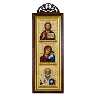 Икона в киоте 20х50 сложный с резным навершием, темпера, рамка золочёная Спаситель-Казанская БМ-Н.Чудотворец 1