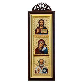 Икона в киоте 20х50 сложный с резным навершием, темпера, рамка золочёная Спаситель-Казанская БМ-Н.Чудотворец 1