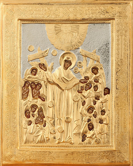 Икона живописная Божией Матери «Всех скорбящих Радость» 18х24, масло, риза №217, золочение Икона живописная Божией Матери «Всех скорбящих Радость» 18х24, масло, риза №217, золочение