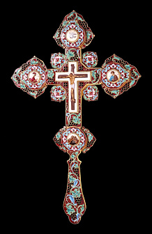 Крест напрестольный №4 5-финифтей, филигрань, эмаль, роспись, хим.гравировка / золочение Крест напрестольный №4 5-финифтей, филигрань, эмаль, роспись, хим.гравировка / золочение