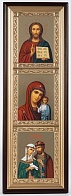 Икона Триптих в киоте 20х70 сложный, темпера №8, рамка золочёная Спаситель Казанская Петр и Феврония