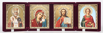 Складень в футляре 9х12 бархат, конгрев, 4 иконы Спаситель-Казанская БМ-Н.Чудотворец-Пантелеймон