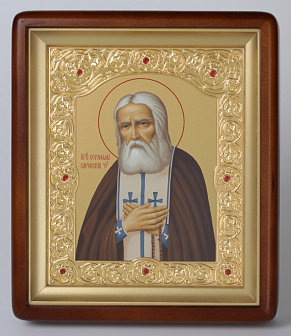 Икона в киоте 18х24 фигурный, темпера, рамка фигурная, золочёная Серафим Саровский 1