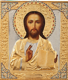 Икона живописная Спасителя 24х30, масло, риза №24, эмаль золочение