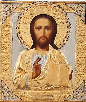 Икона живописная Спасителя 24х30, масло, риза №24, эмаль золочение Икона живописная Спасителя 24х30, масло, риза №24, эмаль золочение