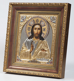 Икона живописная в киоте 30х40 масло, риза №33, матовое золочение, эмаль, киот №22 Спаситель Икона живописная в киоте 30х40 масло, риза №33, матовое золочение, эмаль, киот №22 Спаситель