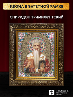 Икона Спиридон Тримифунтский, бронзовая багетная рамка узкая с узором 15х18 см