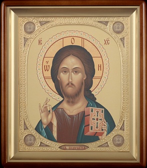 Господь Вседержитель, Икона в киоте 24х30 фигурный, канвас, рамка овальная золочёная