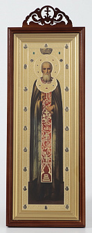 Икона в киоте 20х50 сложный с резным навершием, конгрев Сергий Радонежский (ростовой)
