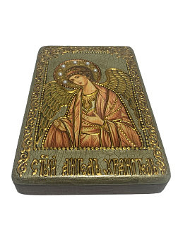 Икона ''Ангел-Хранитель'' ручной работы из дуба с натуральными камнями