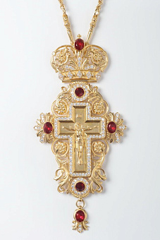 Крест наперсный №189 / Фианиты литьевое распятие / золочение / серебро (УИН)