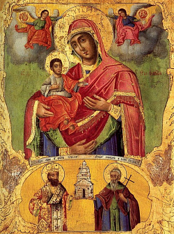 Икона под старину Божией Матери Троеручица с Симеоном и Саввой