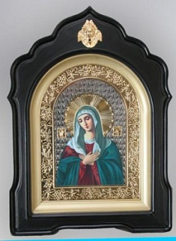 Икона в киоте 24х30 фигурный, арочный, фото, риза объемная открытая, золочение Икона в киоте 24х30 фигурный, арочный, фото, риза объемная открытая, золочение