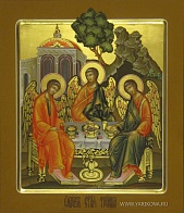 Икона "Троица", липовая доска, дубовые шпонки, левкас, сусальное золото, темпера, подарочная упаковка