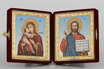 Складень в футляре 11х13 бархат, канвас, рамка золоченая Спаситель-Владимирская БМ Складень в футляре 11х13 бархат, канвас, рамка золоченая Спаситель-Владимирская БМ