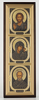 Икона в киоте 20х70 сложный, темпера, риза комбинированная (зол+патин.) Спаситель-Казанская БМ-Н.Чудотворец