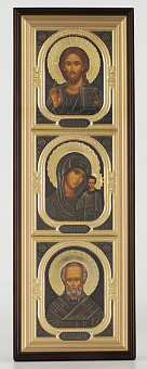Икона в киоте 20х70 сложный, темпера, риза комбинированная (зол+патин.) Спаситель-Казанская БМ-Н.Чудотворец