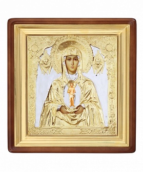 Икона живописная в киоте 65х70 масло, объемная риза №131 золочение, золоченый подрамник