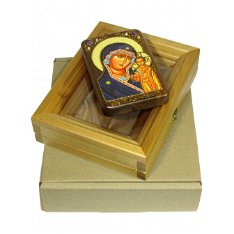 Подарочная икона ''Казанская икона Божией Матери'' на мореном дубе 10х15 см с нимбом из сусального з