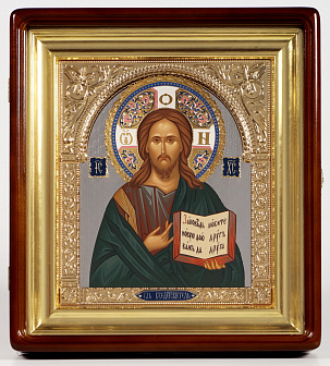 Икона живописная в киоте 24х30 темпера, риза открытая, никель, эмаль, киот №1 Спаситель