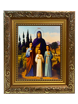 Именная икона Вера Надежда Любовь и София Римские с кипарисами на холсте в киоте 044