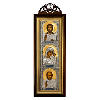 Икона в киоте 20х50 сложный с резным навершием, темпера, риза, золочение, никель, эмаль Спаситель-Казанская БМ-Н.Чудотворец