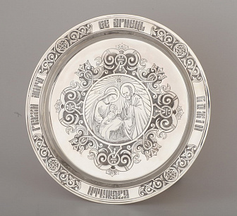 Дискос ручная гравировка / ф320мм / серебро, поддискосник медь / 3, 0л№6 потира / филигрань, эмаль, роспись, чеканка, 4-финифти / золочение / (УИН)