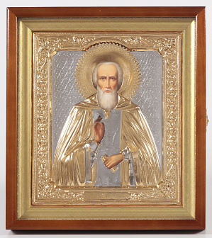 Икона фото в киоте 24х30 риза №191 золочёная, багетный подрамник Сергий Радонежский
