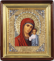 Икона живописная в киоте 24х30 темпера, риза №1, эмаль, киот №1 Казанская БМ